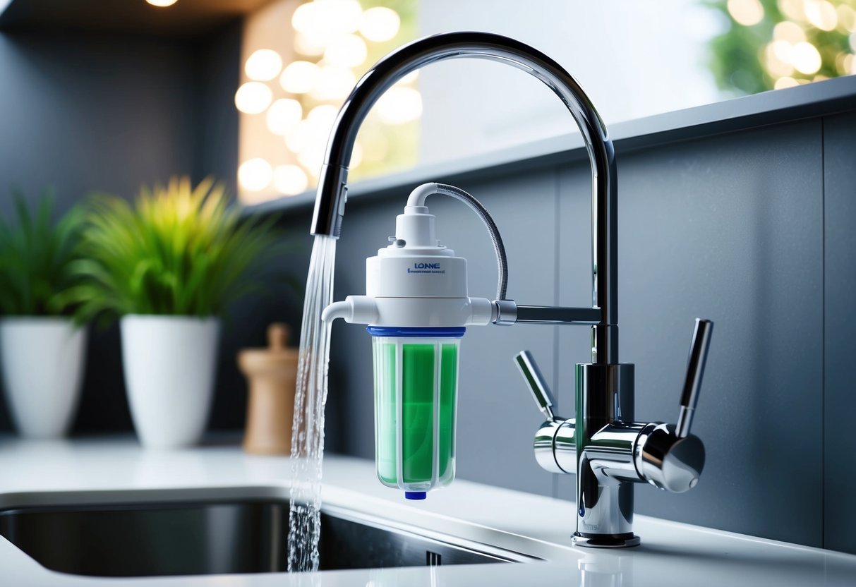 A modern smart water filter system attached to a kitchen faucet, with a clear demonstration of the filtration technology in action