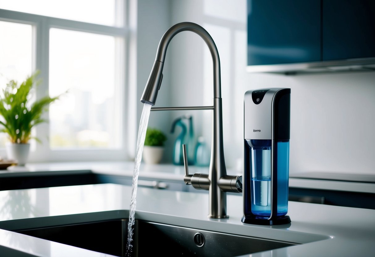 A modern kitchen with a sleek, high-tech smart water filter system installed next to the sink, providing clean and purified drinking water