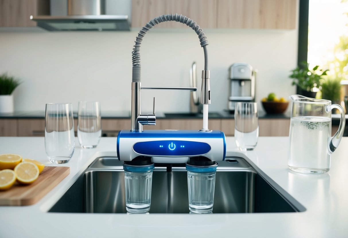 A modern kitchen with a sleek smart water filter system installed under the sink, surrounded by clean glasses and a pitcher of water