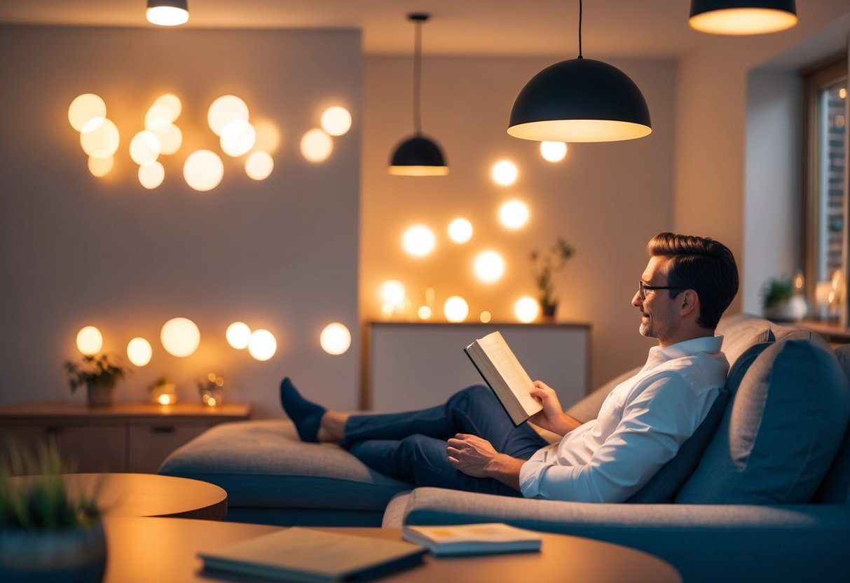 A cozy living room with smart lights dimmed to save energy, casting a warm glow while the homeowner relaxes with a book