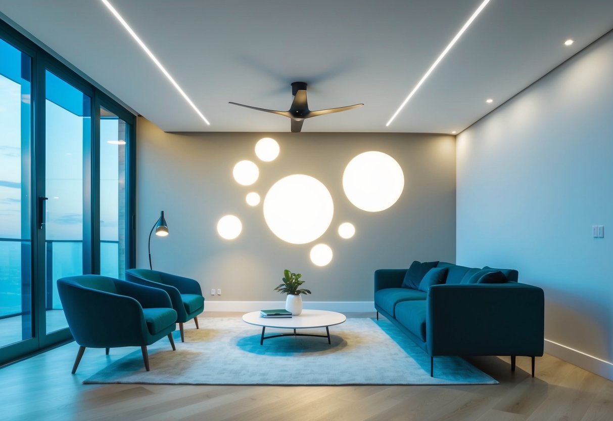 A modern, well-lit room with smart lights adjusting brightness and color temperature to maximize energy efficiency and cost savings