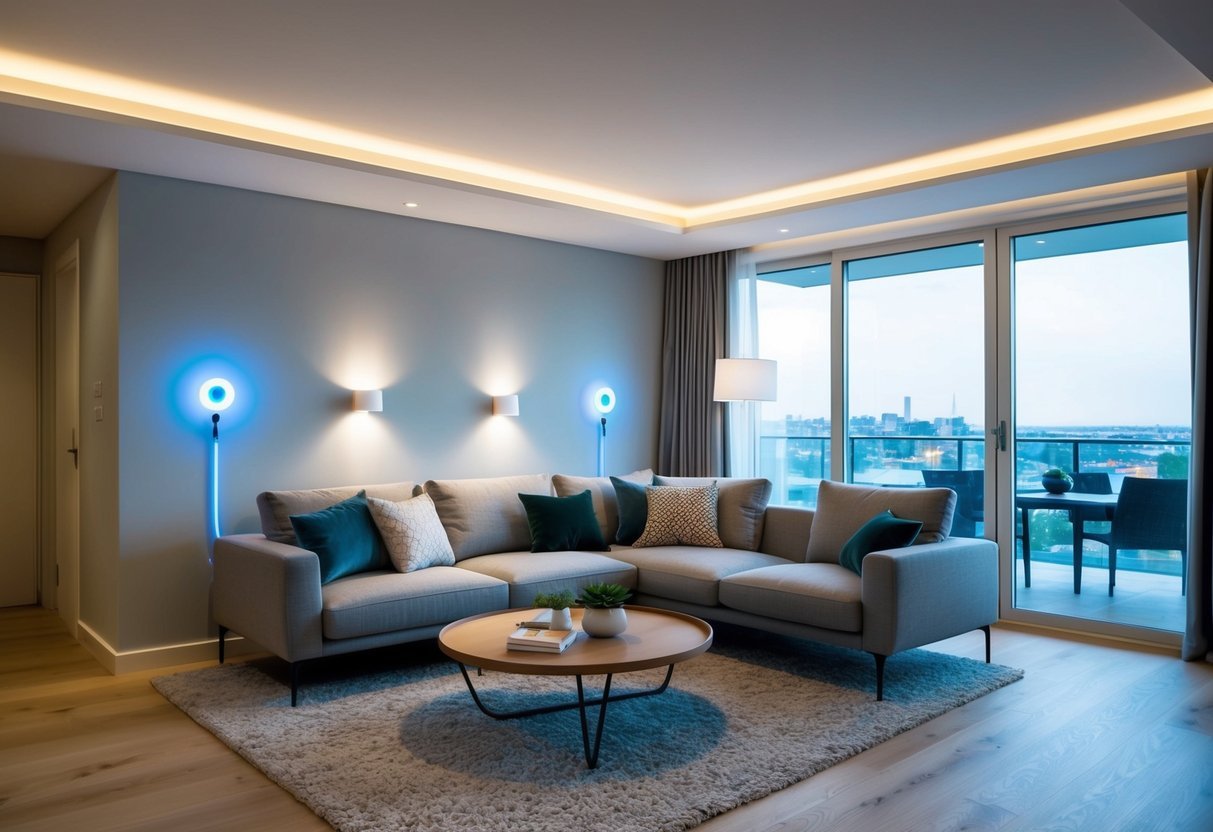 A modern, well-lit living room with smart lights dimmed to save energy and reduce costs. The lights are set to adjust automatically based on natural light levels