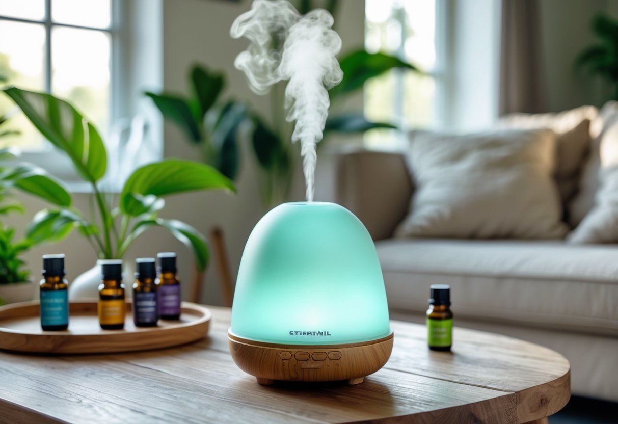 An essential oil diffuser emitting mist on a wooden table surrounded by essential oil bottles and plants in a cozy living room.