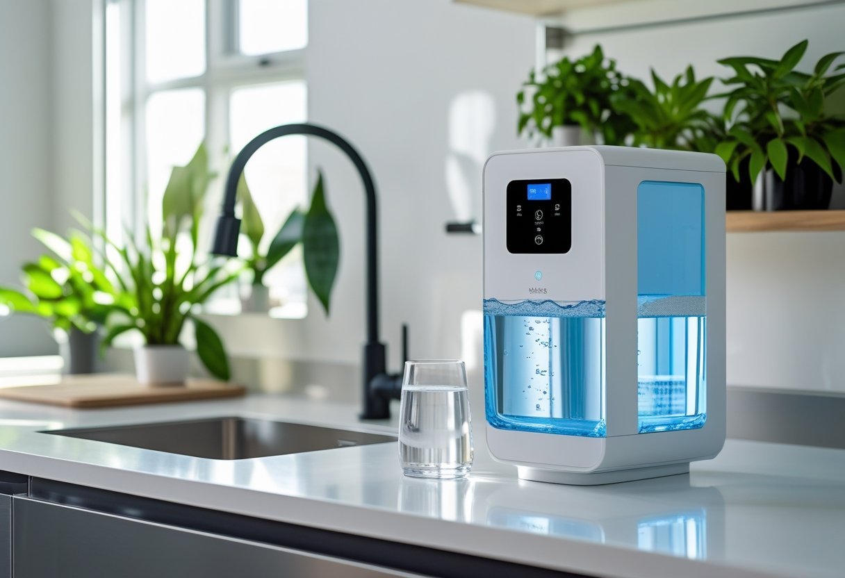 A modern kitchen countertop with a smart water filter next to a glass pitcher filled with fresh water.