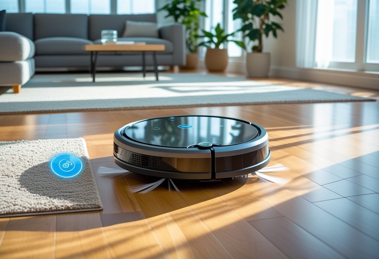 A robot vacuum cleaner moving across a clean living room floor with modern furniture and sunlight coming through large windows.