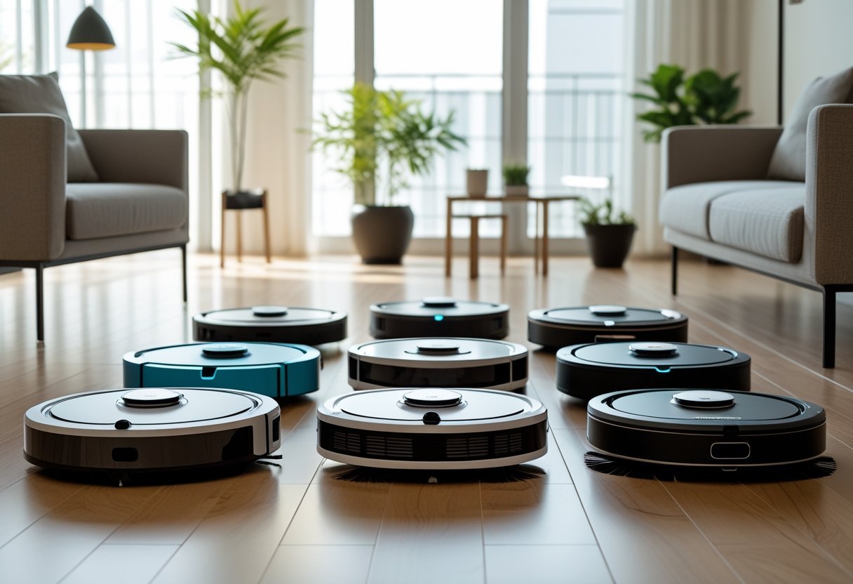 Seven different robot vacuums arranged on a hardwood floor in a modern living room with natural light and minimalistic furniture.