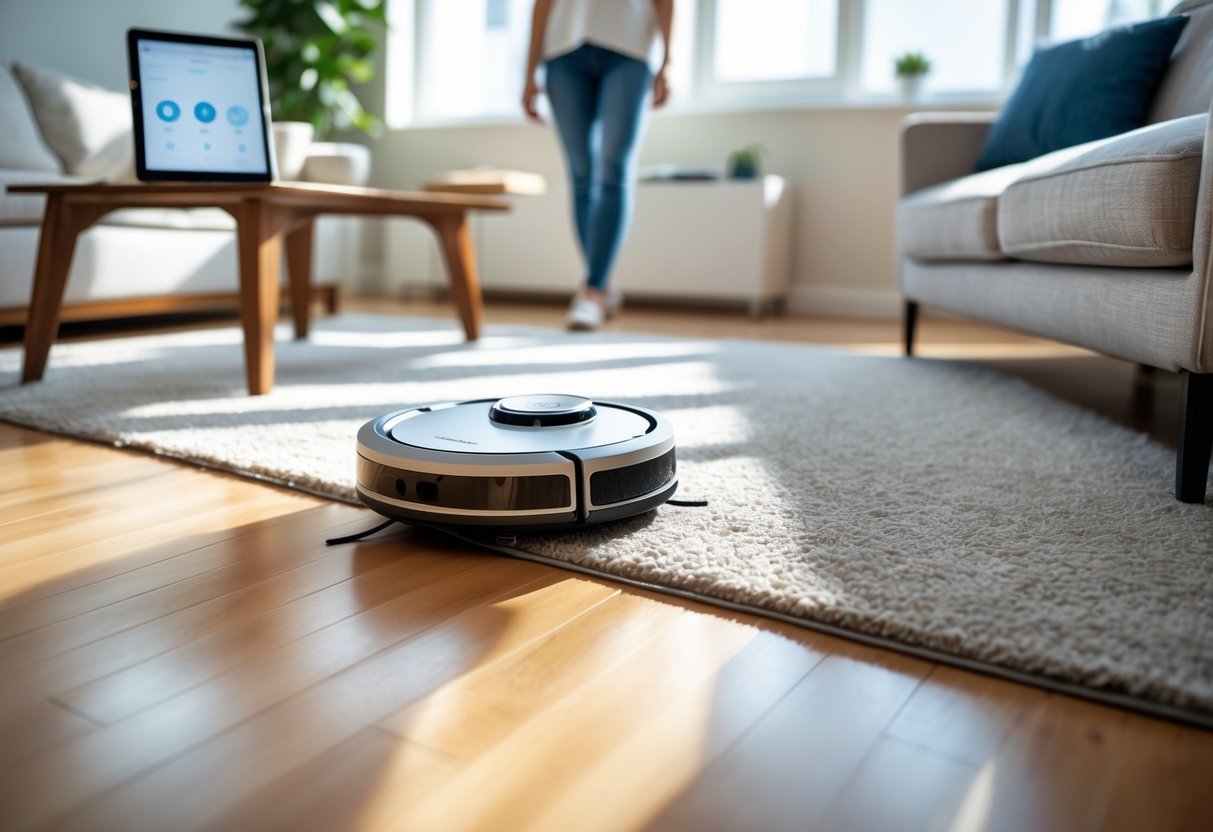 A robot vacuum cleaning a modern living room with hardwood floors and a rug, while a person watches nearby holding a tablet.