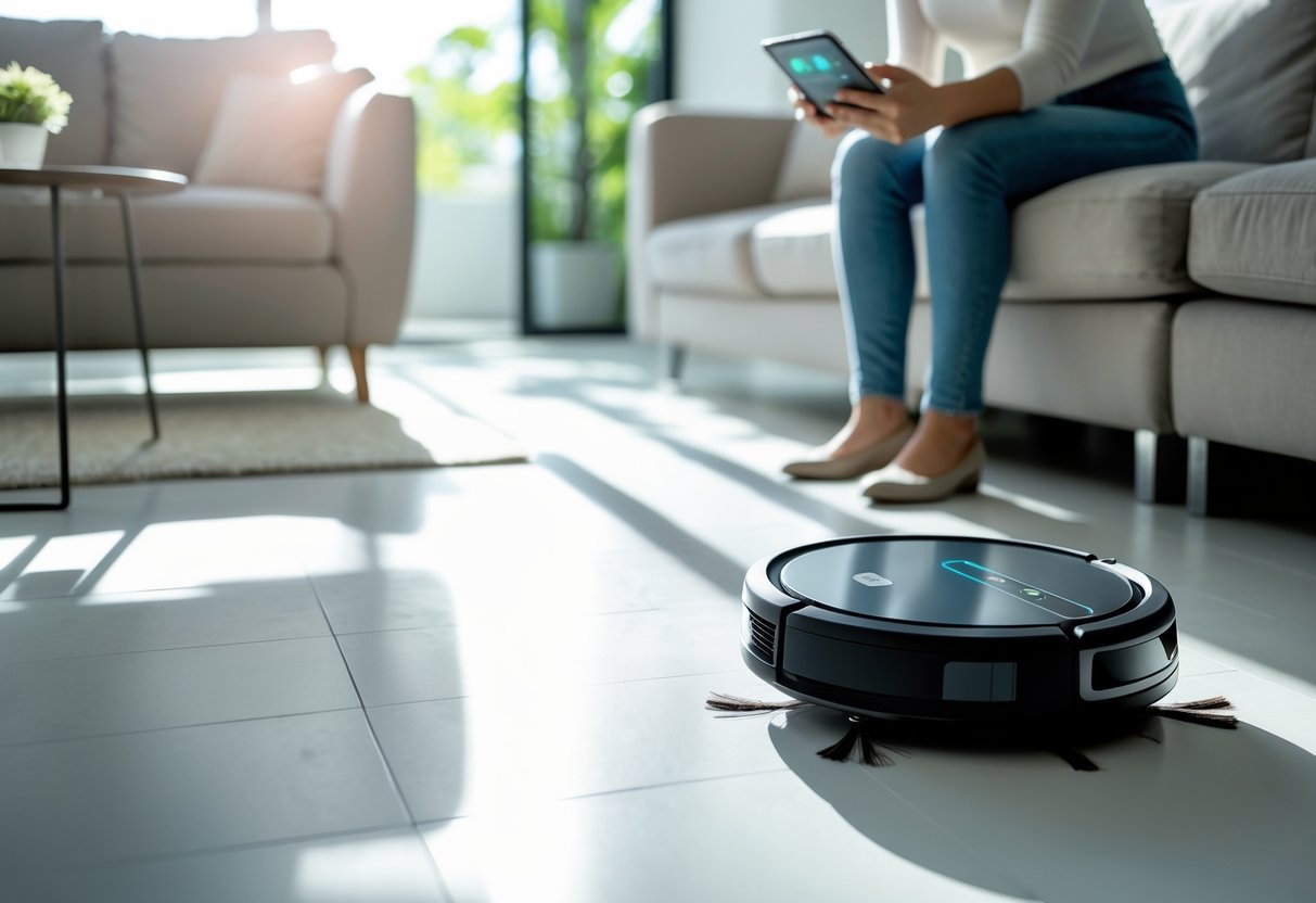 A robot vacuum cleaner operating on a clean living room floor near furniture, with a person looking at a tablet in the background.