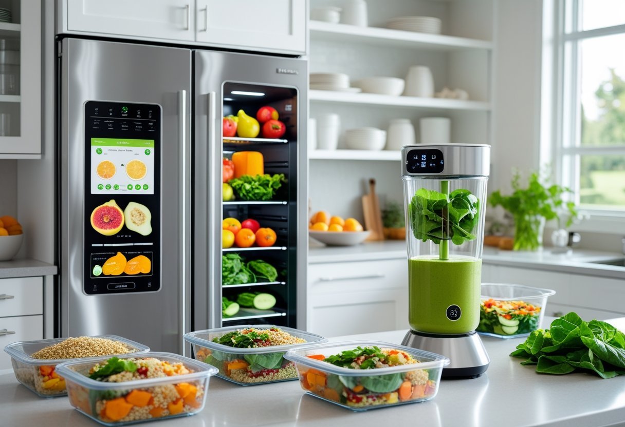 A modern kitchen with smart appliances including a smart refrigerator, blender, and oven, alongside fresh vegetables and meal prep containers.
