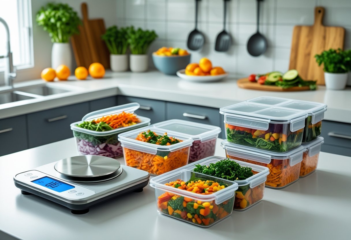 A modern kitchen countertop with smart kitchen gadgets including a digital scale, airtight food containers with fresh vegetables, and a meal prep organizer.
