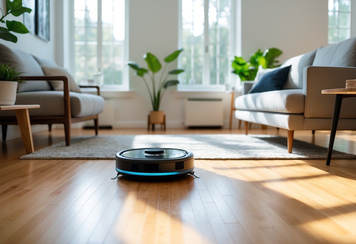 A robot vacuum cleaning a bright living room with hardwood floors, furniture, and plants.