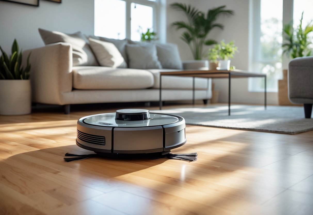 A robot vacuum cleaning a bright living room with a sofa, coffee table, plants, and sunlight coming through a large window.