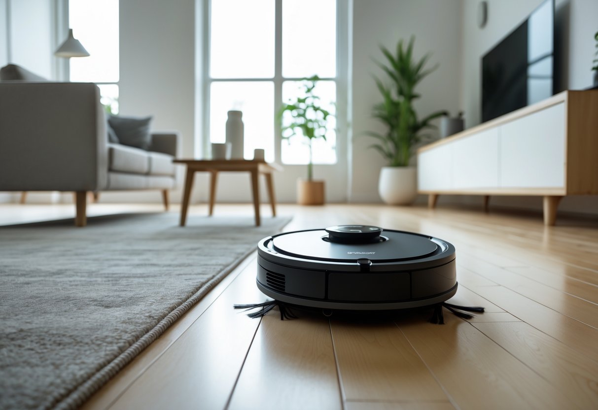An Ecovacs Deebot robot vacuum cleaning a bright living room with modern furniture and large windows.