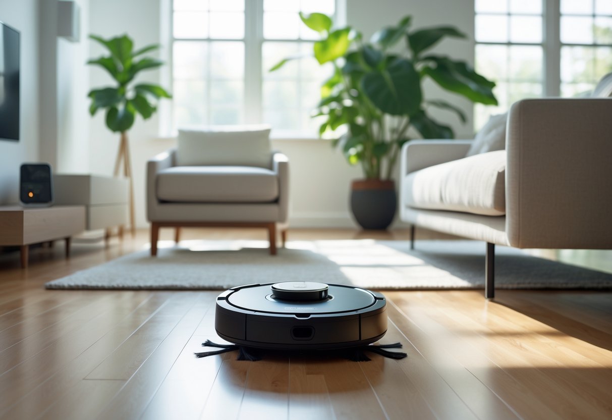 A modern living room with an Ecovacs Deebot robot vacuum cleaning the floor near furniture and plants.