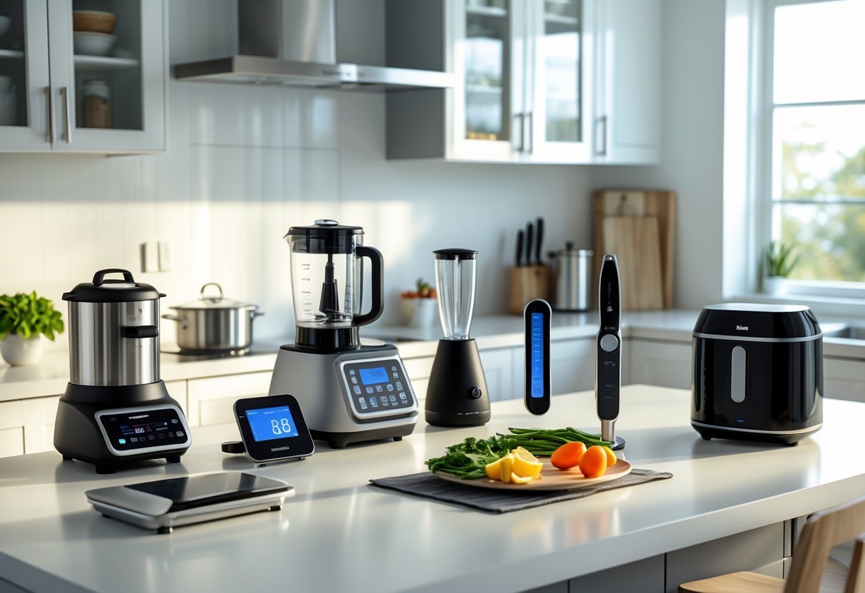 A modern kitchen countertop with various essential kitchen gadgets neatly arranged, including a food processor, blender, digital scale, air fryer, and knife set, all ready for cooking.