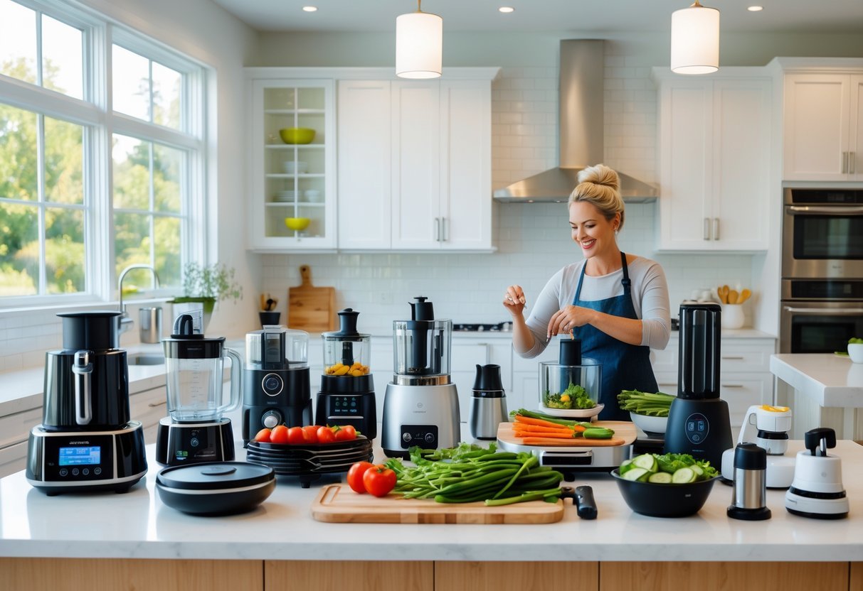 A person cooking in a bright kitchen surrounded by various modern kitchen gadgets and fresh vegetables on the countertop.