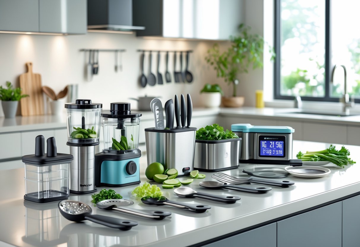 A modern kitchen countertop displaying various innovative kitchen gadgets arranged neatly for easy cooking and storage.