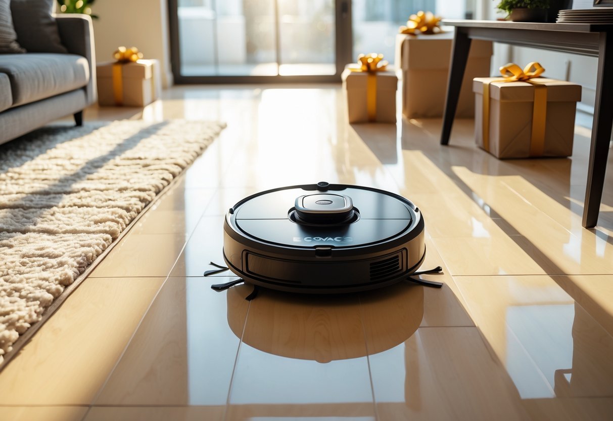 An Ecovacs robot vacuum cleaner cleaning a hardwood floor in a bright living room with gift boxes and shopping bags nearby.