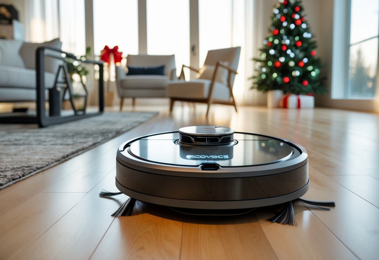 An Ecovacs robot vacuum cleaner operating on a hardwood floor in a bright living room with modern furniture and holiday decorations.