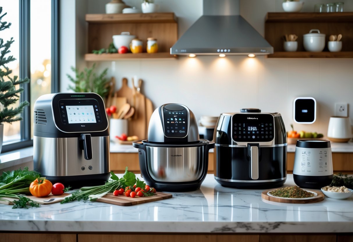 A modern kitchen countertop displaying holiday cooking appliances and smart home devices with fresh ingredients and warm natural light.