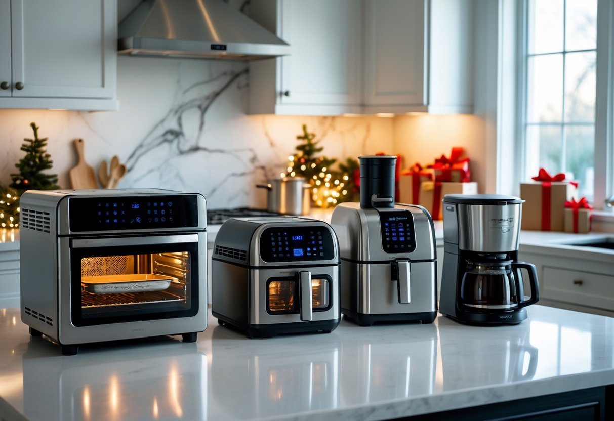 A modern kitchen countertop displaying various advanced kitchen appliances with holiday decorations in the background.
