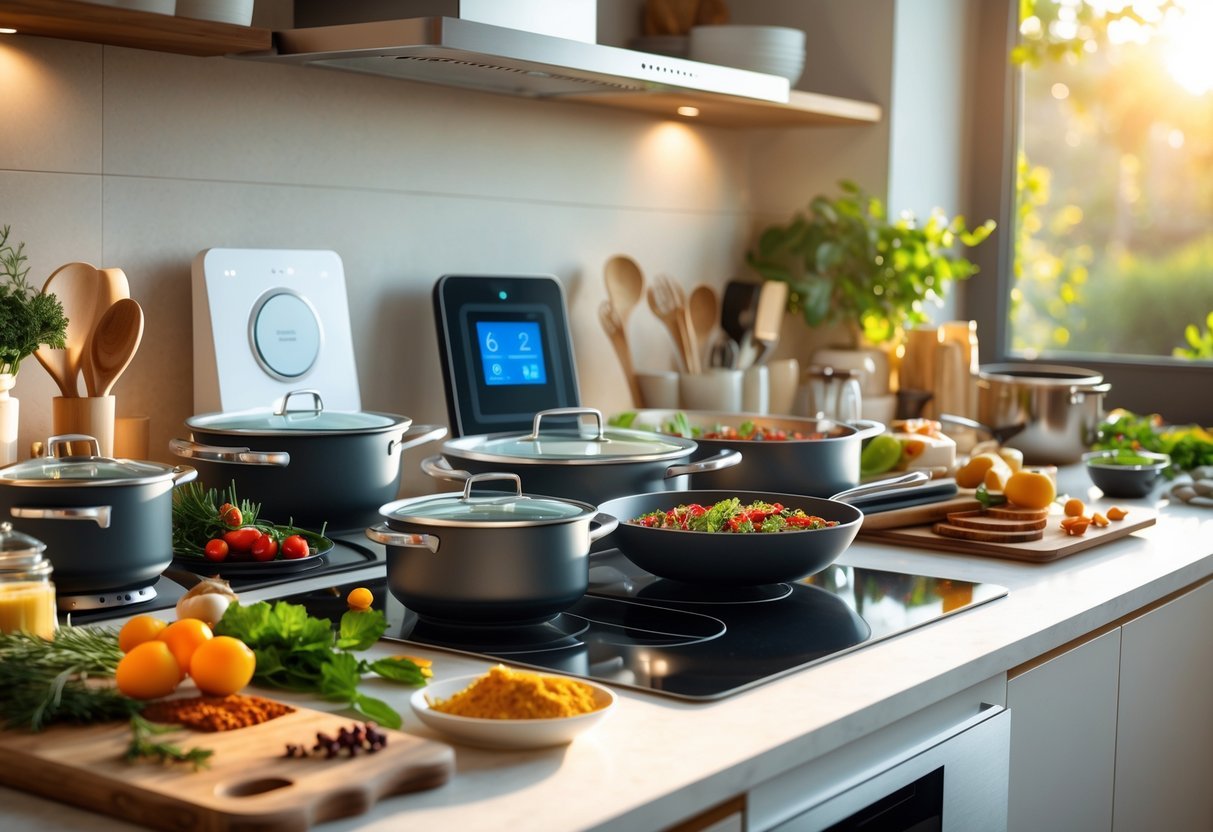 A modern kitchen countertop displaying holiday cooking tools and fresh ingredients alongside smart home devices.